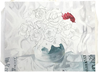 岐阜県に住む受講生が描いた油絵。花瓶に活けられたバラの花を描く。未完成。