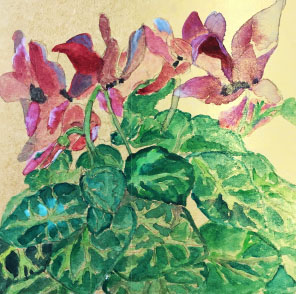 色紙という一風変わったカンバスに水彩で花を描きました。花の色、葉の色に様々な色を使っています。